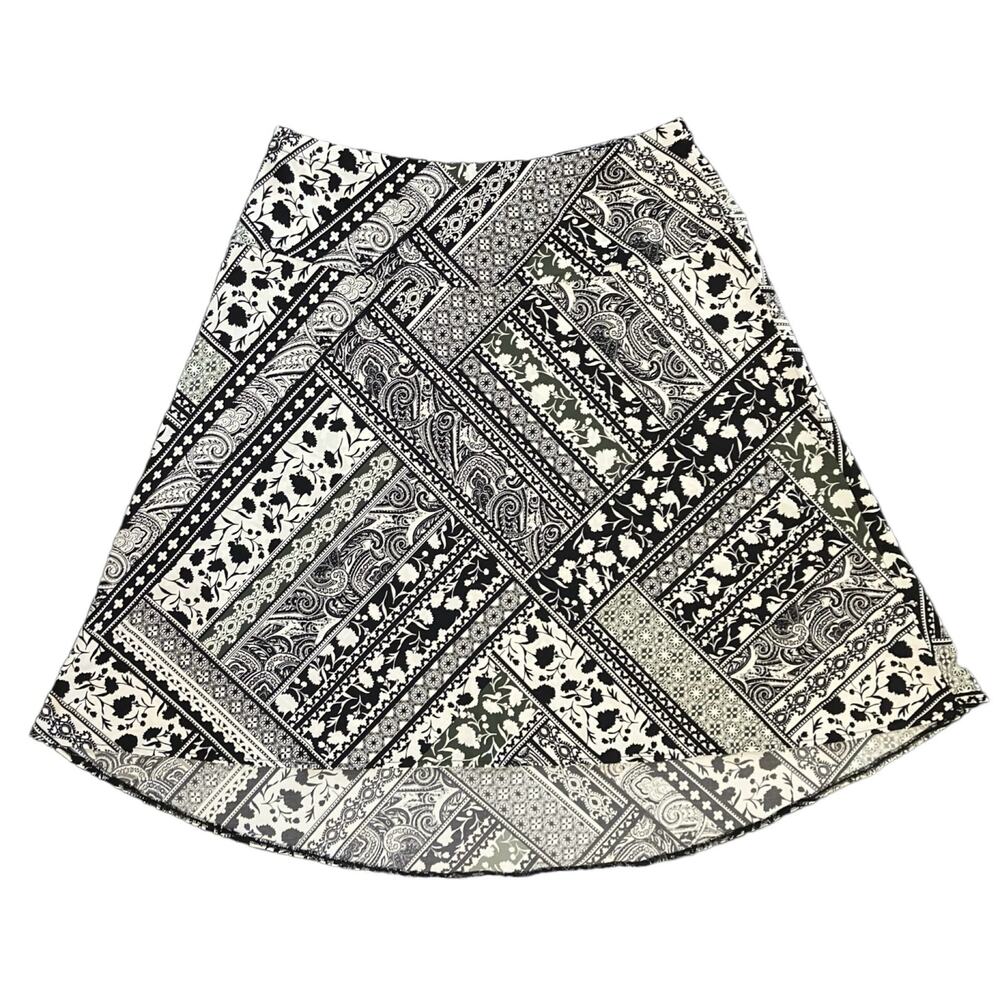 Roz & Ali Women's Black/White/Green Paisley Print Stretchy A-Line Skirt | Size L